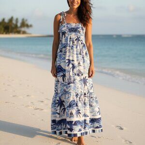 Unbranded Dress Tropical Beach Vacation Resort Blue White Midi Sleeveless S